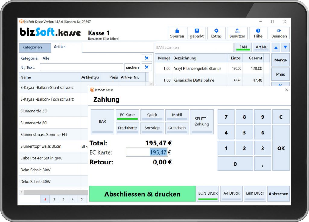 Schnelles kassieren ist mit der bizSoft Kassensoftware sichergestellt