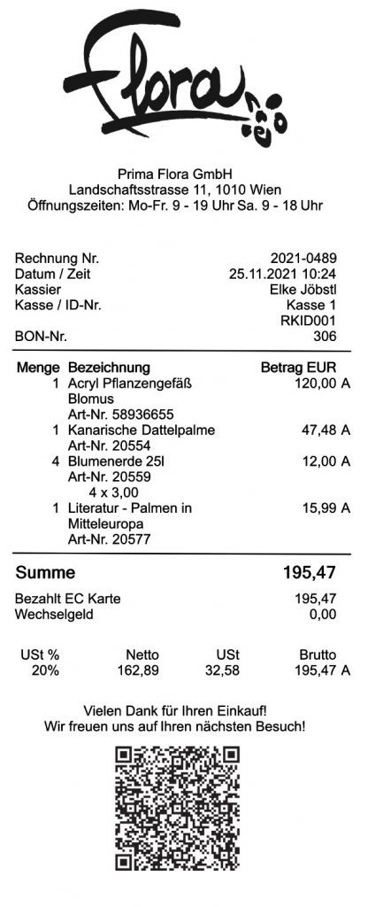 Der Kassenbon mit allen gesetzlichen Angaben die die Registrierkassenpflicht fordert