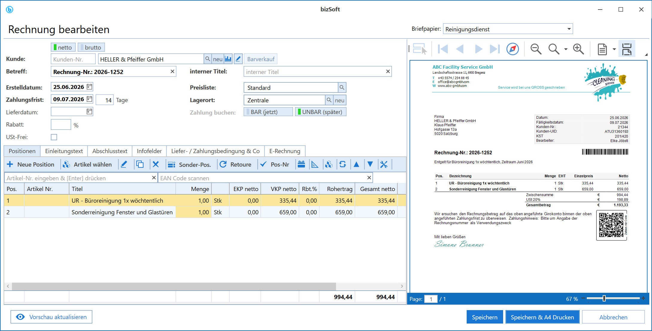 bizSoft Rechnung bearbeiten mit Live-PDF-Vorschau