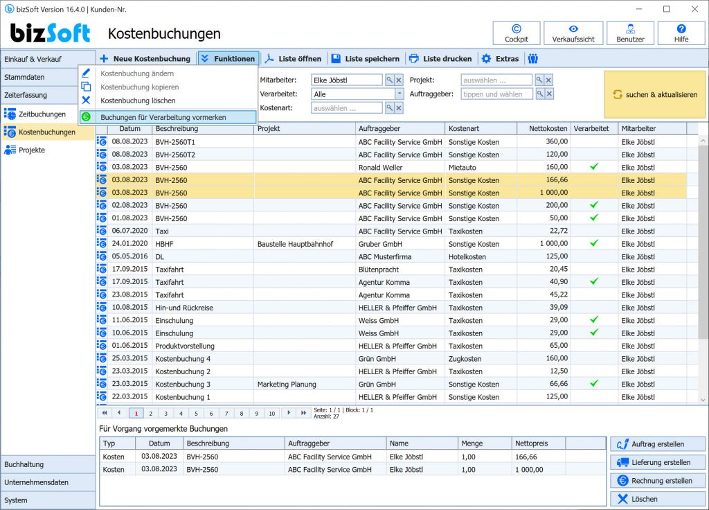 Zeitbuchungen, Arbeitszeiten und Kostenbuchungen